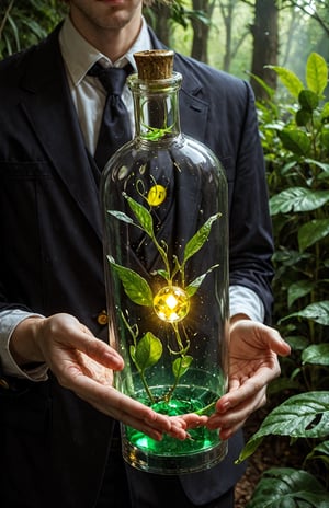 A mystical potion brewing in a dimly lit, ornate apothecary shop. A delicate, antique-style glass vial fills the center of the frame, surrounded by lush greenery and mysterious artifacts. The vial glows with an soft, golden light, as if infused with the essence of aphrodisiacs. A wispy tendril of steam rises from the stopper, carrying the scent of exotic spices and romance.