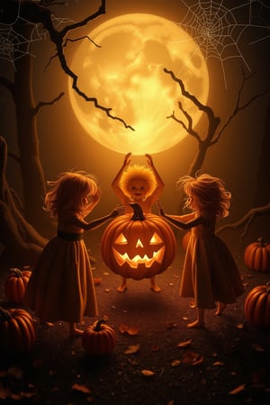 A whimsical Halloween scene: A group of dancing pumpkins, their bright orange skin glowing in the warm light of a full moon. The camera captures them from above, framing the trio in a circular formation, as if performing a ritual dance around a glowing jack-o'-lantern centerpiece. Silhouettes of trees sway gently in the background, while spider webs glisten with dew, adding to the mystical atmosphere.