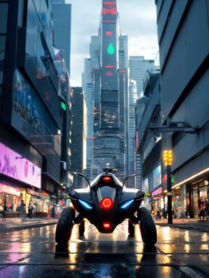 A futuristic cityscape at dusk, with neon lights reflecting off wet pavement. In the foreground, a sleek black hoverbike navigates through a crowded street, its LED lights flashing as it weaves past towering skyscrapers. The camera captures a low-angle shot, looking up from the ground to emphasize the bike's speed and agility.