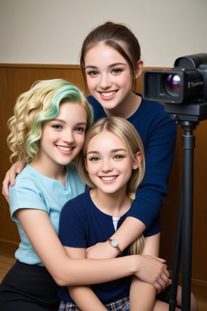 A warm and cozy classroom scene: Two students, one with bright blonde locks and the other with striking silver hair, sit comfortably on the lap of their young teacher. The blonde girl's smile radiates as she leans into her instructor's right side, while the silver-haired student's beaming grin illuminates the left side. Soft natural light fills the room, casting a gentle glow on the trio's joyful moment.