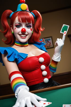 A Joker dressed as a clown pops out of a deck of cards