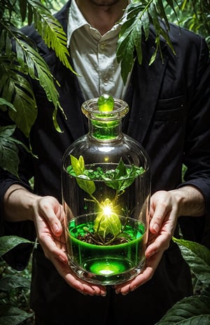 A mystical potion brewing in a dimly lit, ornate apothecary shop. A delicate, antique-style glass vial fills the center of the frame, surrounded by lush greenery and mysterious artifacts. The vial glows with an soft, golden light, as if infused with the essence of aphrodisiacs. A wispy tendril of steam rises from the stopper, carrying the scent of exotic spices and romance.