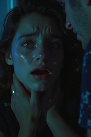 A young woman with a distressed expression, tears welling up in her eyes as she's being restrained by a grasping hand. The scene is dimly lit, with a faint blue hue emanating from the left side of the frame, casting an eerie atmosphere. Her boyfriend's arm wraps around her waist, pinching her gently but firmly. The girl's face contorts in a mixture of pain and sadness as she gazes up at him, her tears spilling onto her cheeks.