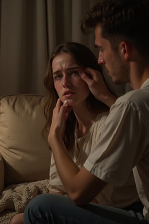 A distressed young woman sits on a worn, beige couch, tears streaming down her face as she clutches her cheek in a gesture of pain. Her boyfriend's firm grip can be seen pinching her skin, his expression stern with an undercurrent of anger. The dimly lit room is filled with the warm glow of a nearby lamp, casting long shadows on the walls.