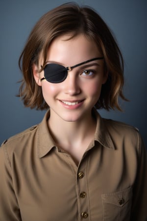 A mysterious young girl with a hint of rebelliousness, sporting an eyepatch and a confident smirk. She stands in front of a worn leather-bound bookcase, rich wood tones and dusty volumes providing a warm background. Soft, golden light spills from above, casting a gentle glow on her determined expression and the eyepatch's intricate design. The framing is tight, focusing attention on the girl's adventurous spirit.