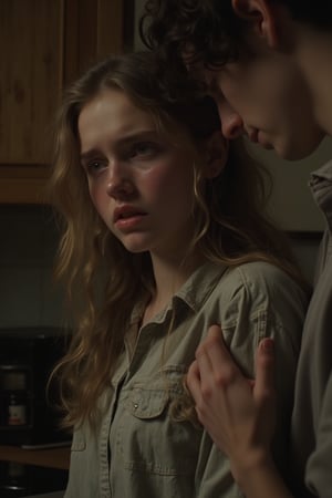 A distressed young woman, tears streaming down her face, stands in a dimly lit kitchen with worn wooden countertops. Her boyfriend's hand grips her arm, his fingers digging into her skin as he whispers something incomprehensible. The camera captures the tender moment from a low angle, emphasizing the girl's vulnerability and emotional turmoil.