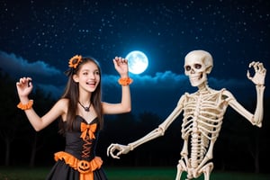 A playful Halloween scene: A skeletal figure, its bony limbs splayed in a comical dance pose, appears to be having the time of its afterlife. The girl, dressed in a whimsical costume, giggles and twirls alongside the skeleton, their joyful energy infectious. Framed against a dark blue night sky with twinkling stars, the duo's merriment is illuminated by a full moon casting a silver glow.