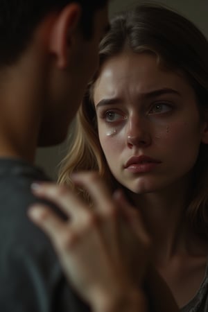 A close-up shot of a young woman's tear-stained face, her eyes welling up with tears as she struggles to hold back sobs. Her boyfriend's hand is seen gently pinching her arm, his expression apologetic yet firm. The dimly lit room casts a warm, intimate glow on the couple's emotional confrontation.