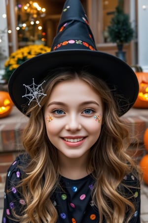 A close-up shot of a sweet young girl donning a playful Halloween makeup look. She's sitting in front of a pumpkin-filled porch with a warm autumnal glow illuminating her features. Her bright blue eyes sparkle with excitement as she gazes directly at the camera, her rosy cheeks flushed from excitement. A few strategically placed fake spider webs and colorful glitter accents add to the whimsical charm of this little witch's costume, complete with a miniature pointy hat and a mischievous grin that hints at the treats she's collected in her trick-or-treat bag.