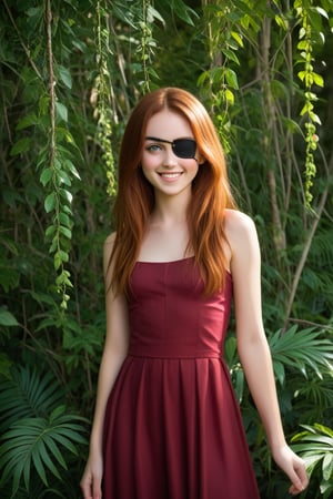 A young girl with a bold, adventurous spirit, wearing a stylish eyepatch, stands confidently outdoors amidst lush greenery. Framed by the warm sunlight peeking through the leaves, her bright smile and sparkling eyes radiate determination. Score 9 and Score 8 Up flags flutter in the gentle breeze, symbolizing her ascent towards new heights. In the background, Score 7 Up and Score 6 Up signs mark her previous triumphs.