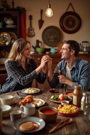 A warm and inviting scene unfolds as two friends sit down to a delicious meal together. Hands clasped in joyful anticipation, they gaze at each other with big smiles. A rustic wooden table is set with a colorful array of dishes and utensils, against a backdrop of soft golden lighting. The walls are adorned with vintage kitchenware and cozy textiles, evoking a sense of comfort and camaraderie.