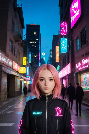 A close-up shot of a vibrant young girl standing in a dimly lit alleyway, surrounded by neon-lit graffiti and billboards. Her bright pink hair shines like a beacon, illuminated by the artificial glow. She's dressed in a sleek black jumpsuit with neon accents, her eyes gleaming like emeralds in the dark. The cityscape hums with electric energy, reflected in her bold pose.