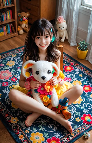 A young girl sits comfortably cross-legged on a vibrant, floral-patterned rug, her dark hair falling in loose waves down her back. The warm golden light of the setting sun casts a gentle glow on her smiling face, as she gazes softly into the distance. A scattering of colorful toys and books surround her, creating a playful atmosphere.