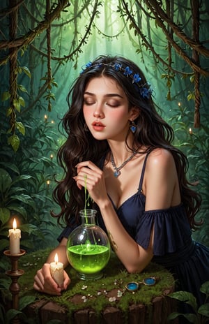 A sultry evening scene unfolds as a beautiful young woman, surrounded by lush greenery and soft candlelight, brings the fragrance of her mysterious potion to her nose. She inhales deeply, eyes closed in rapture, as the aphrodisiac's sweet aroma fills the air.