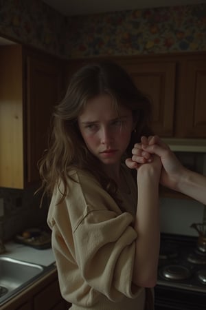 A distressed young woman, tears streaming down her face, stands in a dimly lit kitchen with worn wooden countertops. Her boyfriend's hand grips her arm, his fingers digging into her skin as he whispers something incomprehensible. The camera captures the tender moment from a low angle, emphasizing the girl's vulnerability and emotional turmoil.