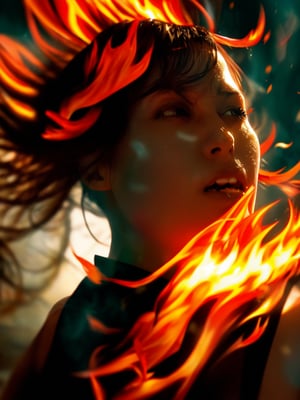 A dynamic close-up captures a fiery scene as a young woman, with flowing hair and determined expression, leaps over a roaring flame in slow motion. Golden light from the inferno illuminates her face, while dark shadows define her silhouette against the blazing orange-red hues. Smoke drifts lazily into the air, framing the dramatic moment.