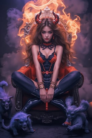 A bewitching Halloween scene: a petite anime girl, adorned with vibrant red and black devil-inspired makeup, sits cross-legged on a velvet-covered throne amidst a mystical fog. Her eyes gleam with mischief as she holds a miniature pitchfork, surrounded by swirling orange and purple hues. Fantasy creatures lurk in the shadows, awaiting her next command.