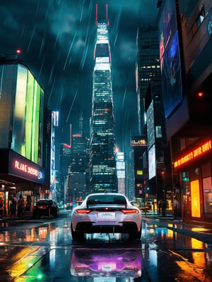 Composite a futuristic cityscape at dusk with neon lights reflecting off a wet pavement, showcasing a sleek black sports car driving into frame, its tires screeching on the rain-soaked road as it approaches a majestic skyscraper's glowing entrance, set against a vibrant purple-blue sky with wispy clouds.