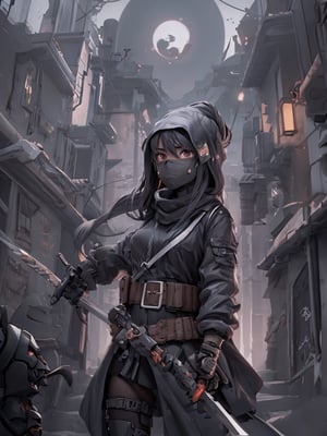 A dark alleyway at dusk, a masked girl stands confidently with a determined gaze, her black ninja garb blending into the shadows. A faint moon casts an eerie glow on her face, highlighting the intricate design of her mask. Her hand rests on the hilt of her sword, ready to strike.