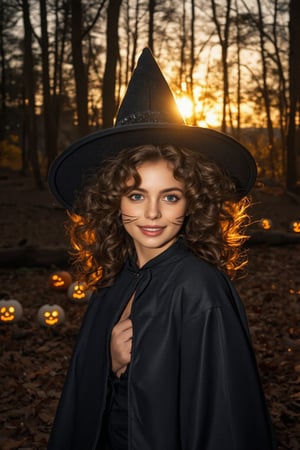 A playful witch's apprentice, a curious young girl with bright blue eyes and curly brown hair, is surrounded by autumnal foliage on Halloween night. She wears a miniature witch's hat, a sparkly black cape, and a whimsical makeup design featuring cat whiskers, glowing orange circles for eyes, and a mischievous grin. The setting sun casts an eerie golden light on the forest floor, with pumpkins and spider webs adding to the spooky ambiance.