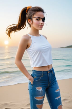 A pirate girl with an eyepatch stands confidently on a sandy beach at sunset. She wears a billowy white shirt and ripped blue jeans, her long brown hair tied back in a ponytail. A trusty parrot perches on her shoulder as she gazes out to sea, the warm orange light casting a golden glow on her adventurous face.