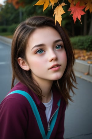 A solitary figure, a young girl, steps out of the grey autumnal mist, her clothes drenched and clinging to her petite frame. The camera captures her from a low angle, looking up at her as she walks down the deserted street, rainwater dripping from her hair like tiny diamonds. Autumn leaves scatter around her, their vibrant colors muted by the drizzle. The girl's eyes are cast downward, her face a picture of forlorn contemplation, as if lost in thought amidst the rhythmic patter of raindrops on the pavement.