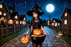 A whimsical depiction of a CUTE WITCH on Halloween night. A petite witch, donning a pointy hat and matching broom, stands amidst a cauldron-filled pumpkin patch under the harvest moon's soft glow. The witch's bright green eyes sparkle as she gazes up at the starry sky, her rosy cheeks flushed with excitement. A sprinkle of candy corn and a few jack-o'-lanterns surround her, adding to the playful atmosphere.