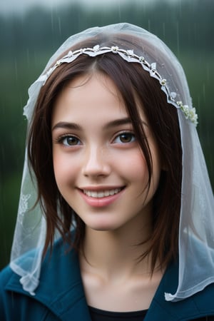 A close-up shot of a young girl, dripping with rainwater, her dark hair matted and clinging to her pale skin. She's seen from directly above, her face tilted upwards, eyes cast downward as if lost in thought. The autumn rain creates a misty veil around her, emphasizing the vulnerability and introspection etched on her features. A faint smile plays on her lips, as if she's savoring the serenity of the rainy day.