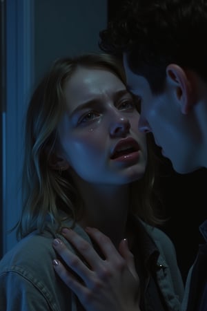 A young woman with a distressed expression, tears welling up in her eyes as she's being restrained by a grasping hand. The scene is dimly lit, with a faint blue hue emanating from the left side of the frame, casting an eerie atmosphere. Her boyfriend's arm wraps around her waist, pinching her gently but firmly. The girl's face contorts in a mixture of pain and sadness as she gazes up at him, her tears spilling onto her cheeks.