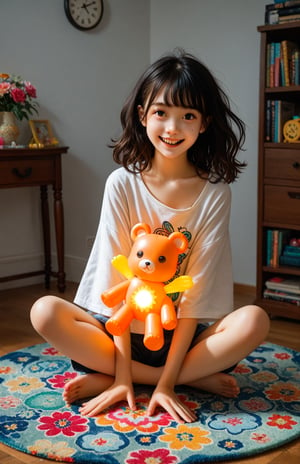 A young girl sits comfortably cross-legged on a vibrant, floral-patterned rug, her dark hair falling in loose waves down her back. The warm golden light of the setting sun casts a gentle glow on her smiling face, as she gazes softly into the distance. A scattering of colorful toys and books surround her, creating a playful atmosphere.