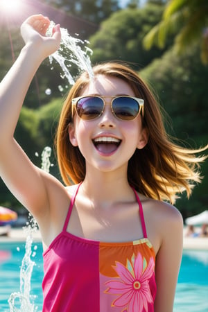 A vibrant summer scene: a young girl with bright pink swimwear and matching sunglasses, playfully splashing water from her hands onto the camera lens. The warm sunlight casts a golden glow on her sun-kissed skin as she tilts her head back in joyful abandon. A blurred beach background with colorful towels and inflatables adds to the lively atmosphere.