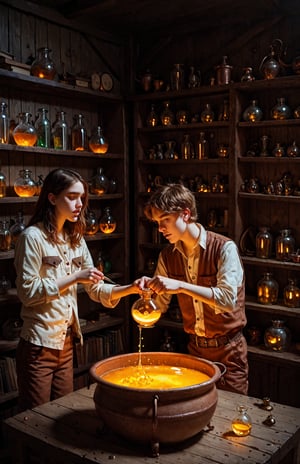 A mystical apothecary's workshop is bathed in warm, golden light as they carefully concoct a glowing potion within an ornate, copper cauldron. The shelves are lined with dusty jars filled with strange, swirling liquids and peculiar ingredients. The apothecary's hands move with precision as they stir the potion, their eyes intent on the mixture's transformation.