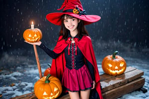 A whimsical Halloween portrait of a CUTE WITCH perched on a worn wooden broomstick, surrounded by wisps of fog and twinkling candles. The witch's bright red hat and matching cape are adorned with tiny bells that jingle softly in the autumn breeze. Her face glows with an otherworldly light as she gazes directly at the viewer, her pointed chin and mischievous grin conveying a sense of playful malevolence. A miniature pumpkin and a sprig of dried lavender rest beside her, adding to the spellbinding atmosphere.