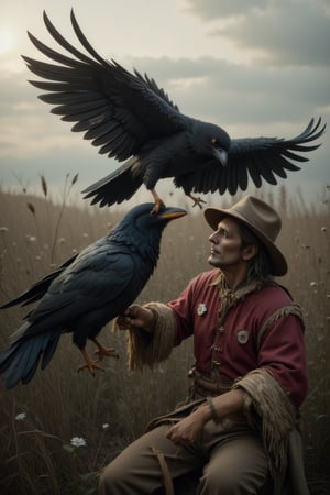 Scarecrow being pecked by a crow