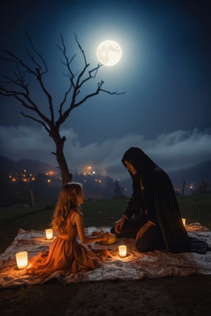 A whimsical Halloween evening scene: a girl in a flowing pink dress sits across from a mysterious Phantom on a moonlit picnic blanket, surrounded by candles and a eerie fog. The Phantom's face is shrouded in shadows, while the girl gazes at him with a mix of fascination and trepidation. The atmosphere is mystical and dreamlike, with a subtle glow emanating from the jack-o'-lanterns nearby.