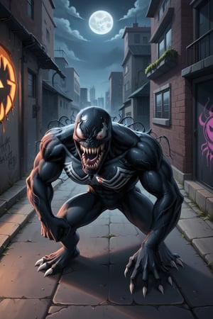 A dark alleyway at dusk on Halloween night sets the eerie stage for Venom's sinister presence. The wall behind him crackles with neon-lit graffiti, while spider webs drape ominously from above. Venom's grotesque face contorts in a snarl, his red eyes glowing like embers as he raises his claws to strike.