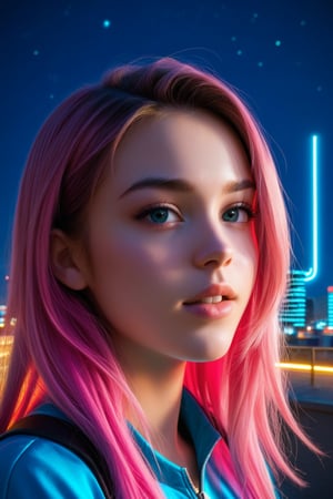 A close-up shot of a young girl standing in front of a vibrant neon-lit cityscape at dusk, her bright pink hair glowing under the artificial light. She's dressed in a bold, electric blue jumpsuit, her eyes shining like stars amidst the urban backdrop.