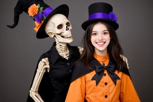 A whimsical Halloween scene: A skeleton in a bright orange jumpsuit and top hat, its bony limbs awkwardly attempting to bust a move amidst a swirl of colorful confetti. The skeleton's grin stretches across its skull as it twirls and spins, playfully grasping the hand of a giggling girl dressed in a black witch's hat and matching cloak, who is laughing and trying to keep up with the undead dance partner.