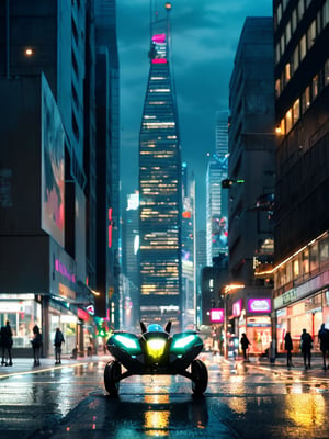 A futuristic cityscape at dusk, with neon lights reflecting off wet pavement. In the foreground, a sleek black hoverbike navigates through a crowded street, its LED lights flashing as it weaves past towering skyscrapers. The camera captures a low-angle shot, looking up from the ground to emphasize the bike's speed and agility.