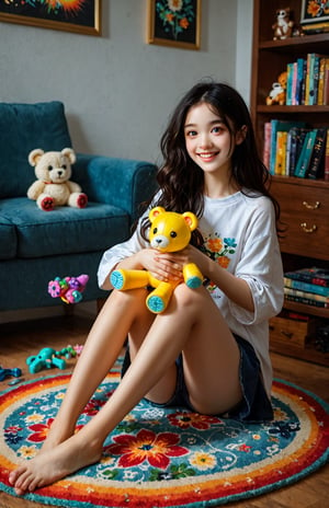 A young girl sits comfortably cross-legged on a vibrant, floral-patterned rug, her dark hair falling in loose waves down her back. The warm golden light of the setting sun casts a gentle glow on her smiling face, as she gazes softly into the distance. A scattering of colorful toys and books surround her, creating a playful atmosphere.