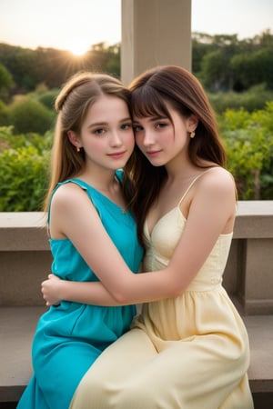 A tender moment captured on camera: two little girls, their bright faces upturned with curiosity, sit snugly on the teacher's lap. The warm glow of a golden afternoon sun casts a comforting light on the scene, highlighting the gentle curves of the girls' faces and the soft fabric of their dresses.