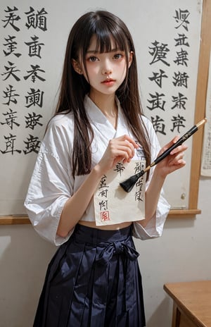 Score 9, score 8 up, score 7 up, and score 6 up, Calligraphy performance, Japanese high school student, hakama, writing on large paper with a large brush