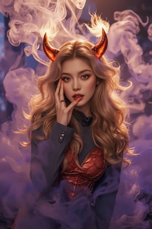 A whimsical Halloween scene: a petite anime girl donning devil-inspired makeup, with fiery red horns and pointed ears, poses playfully amidst a backdrop of swirling purple mist. Soft, golden lighting casts an otherworldly glow on her features as she strikes a mischievous pose, surrounded by wispy tendrils of smoke that seem to carry the scent of candy and mischief.