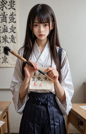 Score 9, score 8 up, score 7 up, and score 6 up, Calligraphy performance, Japanese high school student, hakama, writing on large paper with a large brush,"愛”