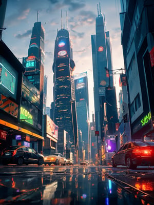 A futuristic cityscape at dusk, with sleek skyscrapers and neon lights reflected in a wet asphalt street, where a group of stylized robots, varying shapes and sizes, converge around a glowing orb, their metallic bodies illuminated by soft blue-purple hues, as the orange-pink sunset sky looms behind.