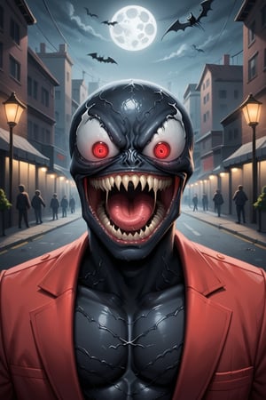 A dark and eerie alleyway on Halloween night. The walls are covered in cobwebs, and flickering streetlights cast an ominous glow. Venom, a sinister-looking figure with sharp teeth and glowing red eyes, lurks in the shadows. His black and red suit blends into the darkness as he prepares to strike, his tongue darting in and out of his mouth.