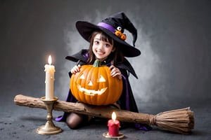 A whimsical Halloween portrait of a CUTE WITCH perched on a worn wooden broomstick, surrounded by wisps of fog and twinkling candles. The witch's bright red hat and matching cape are adorned with tiny bells that jingle softly in the autumn breeze. Her face glows with an otherworldly light as she gazes directly at the viewer, her pointed chin and mischievous grin conveying a sense of playful malevolence. A miniature pumpkin and a sprig of dried lavender rest beside her, adding to the spellbinding atmosphere.