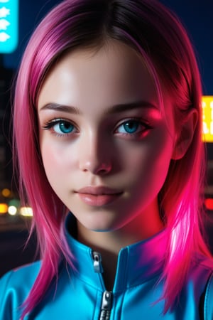 A close-up shot of a young girl standing in front of a vibrant neon-lit cityscape at dusk, her bright pink hair glowing under the artificial light. She's dressed in a bold, electric blue jumpsuit, her eyes shining like stars amidst the urban backdrop.