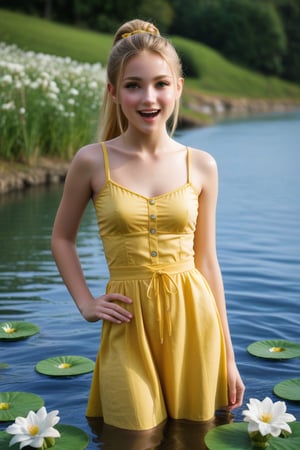 A playful young girl stands in a sunny meadow, dressed in a bright yellow sundress with white flowers, her long blonde hair tied back in a ponytail. She's bending down to splash water from a nearby pond, creating a miniature wave that glistens in the warm light. The camera captures her joyful expression and carefree pose as she enjoys the simple pleasure of playing with water.