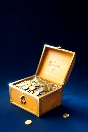 A close-up shot of a gleaming golden treasure chest overflowing with sparkling jewels and coins, set against a dark blue background with subtle highlights of moonlight. The lid is slightly ajar, revealing a hint of glittering riches within.